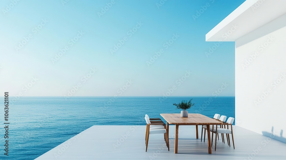 Fototapeta premium Minimalist dining table with matte marble top, rustic teak frame, airy seaside vibe