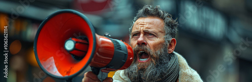 A man shouts fiercely into a megaphone, his face filled with passion and intensity as he speaks to a crowd in a gritty urban environment, highlighting the raw emotion of the moment.