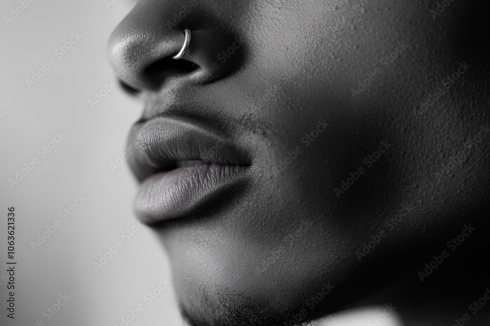 Close-Up of Nose Ring: A detailed shot of a person with a small silver nose hoop, focusing on the nose area. The skin is clear, and the background is softly blurred to bring out the piercing. Close-Up of Nose Ring: A detailed shot of a person with a small silver nose hoop, focusing on the nose area. The skin is clear, and the background is softly blurred to bring out the piercing.
