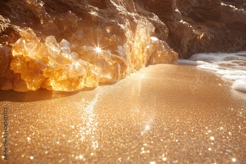 A stunning beach scene featuring glistening sand and sparkling water, framed by a rocky shore, creating a serene coastal atmosphere.