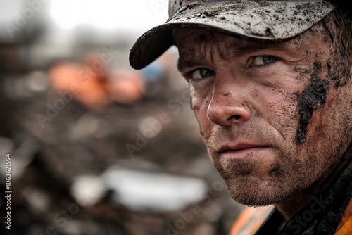 In a muddy setting, a determined man stares into the camera, exuding grit and strength, capturing a raw moment of tenacity and resolve in challenging conditions. photo