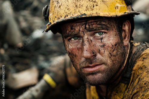 A dirt-covered worker gazes pensively in this close-up, highlighting the demanding nature of blue-collar work and underlining resilience and stability. photo