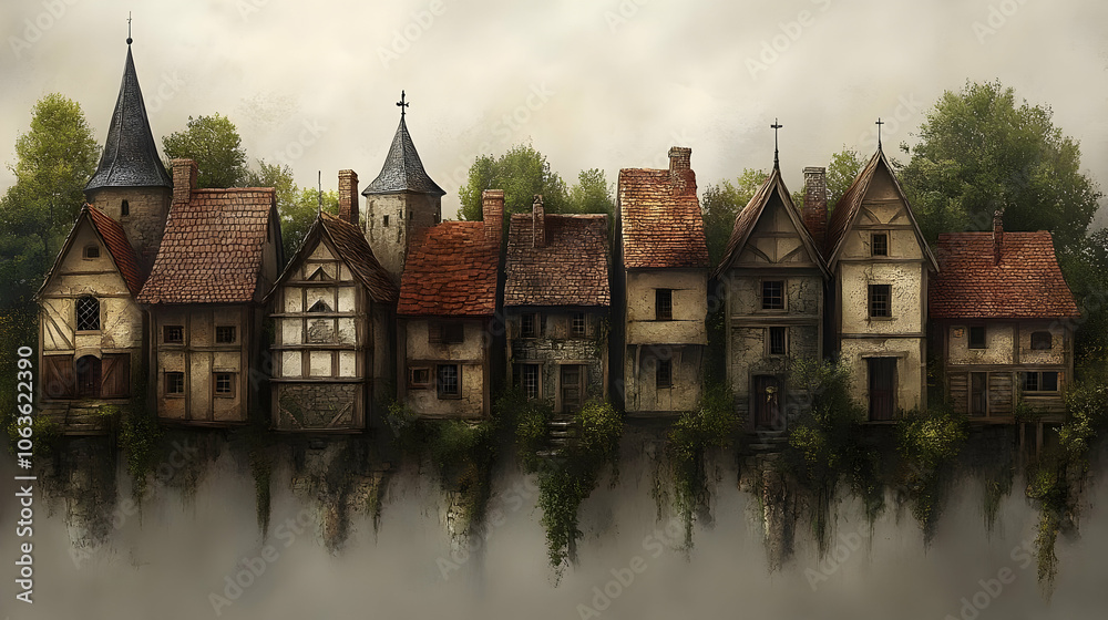 Medieval Village Illustration - A Row of Quaint Houses on a Cliff Medieval Village Illustration - A Row of Quaint Houses on a Cliff