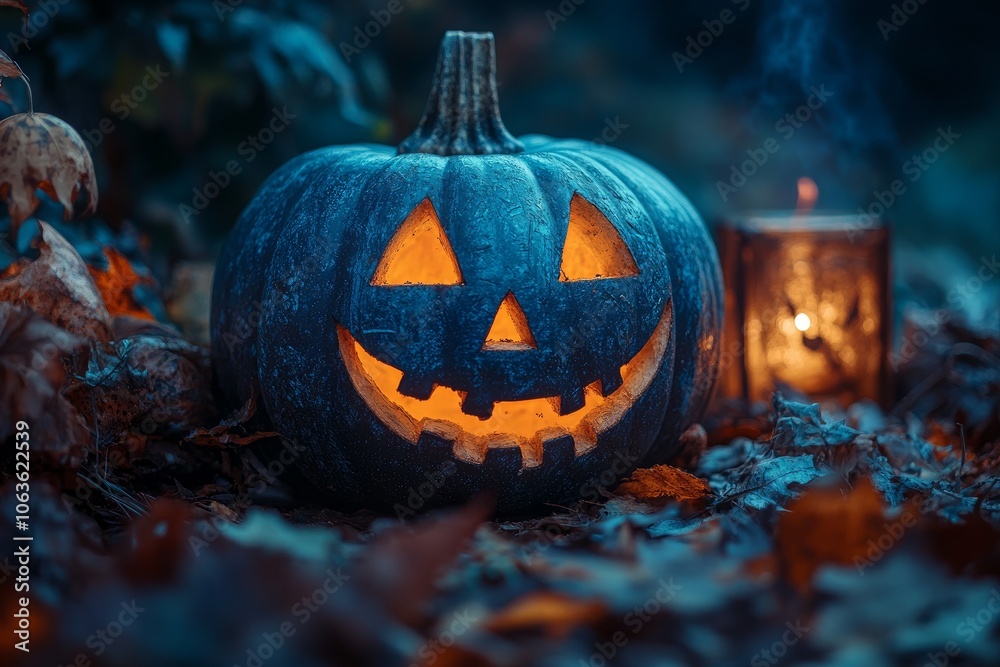 Fototapeta premium a halloween pumpkin with spooky face in the forest