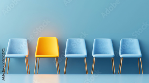 Standout Yellow Chair in Row of Blue Chairs – Business Concept