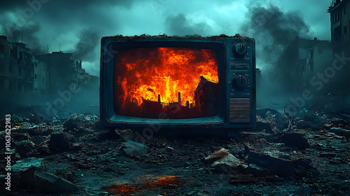 Vintage Television in Post-Apocalyptic City - Illustration