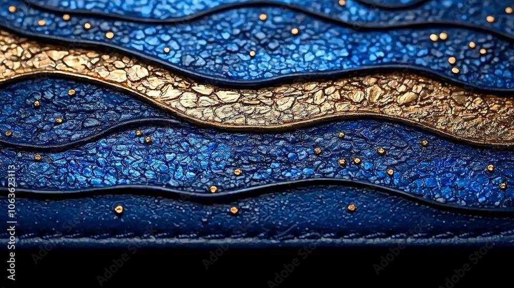 Close-up of textured blue and gold waves, showcasing intricate patterns and shine. Close-up of textured blue and gold waves, showcasing intricate patterns and shine.