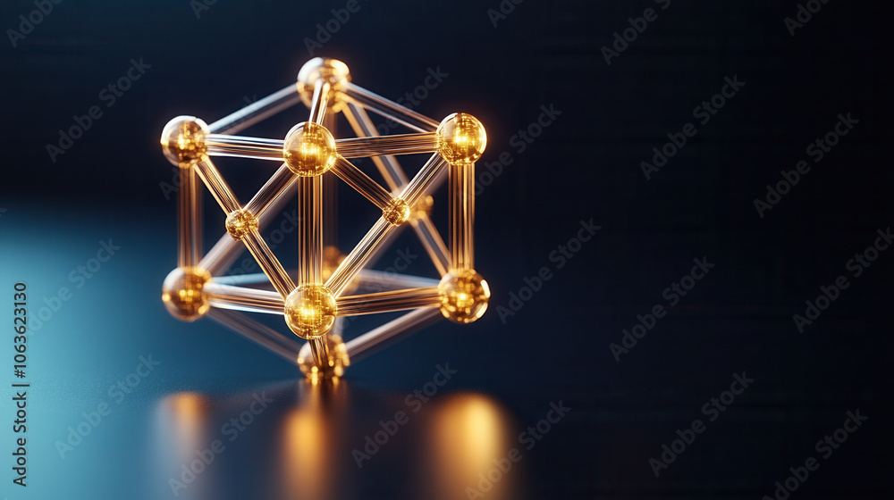 3D atomic structure with glowing spheres and connecting lines, showcasing modern scientific concept in dark environment, evoking curiosity and wonder 3D atomic structure with glowing spheres and connecting lines, showcasing modern scientific concept in dark environment, evoking curiosity and wonder
