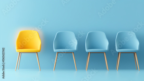 Standout Yellow Chair in Row of Blue Chairs – Business Concept