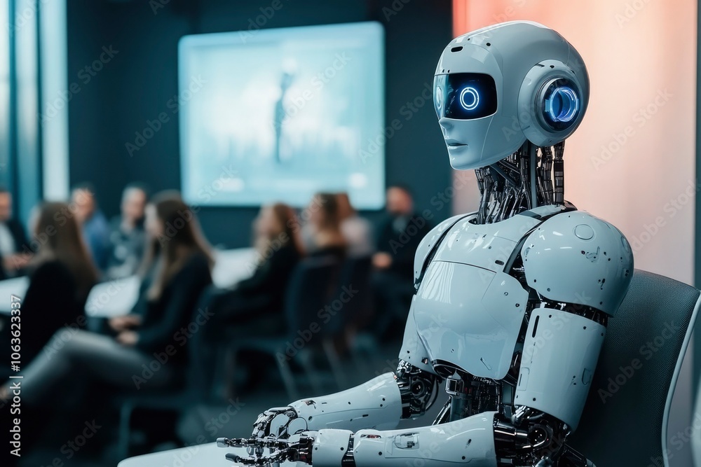 A humanoid robot sitting in a conference room amongst blurred human figures. A humanoid robot sitting in a conference room amongst blurred human figures.