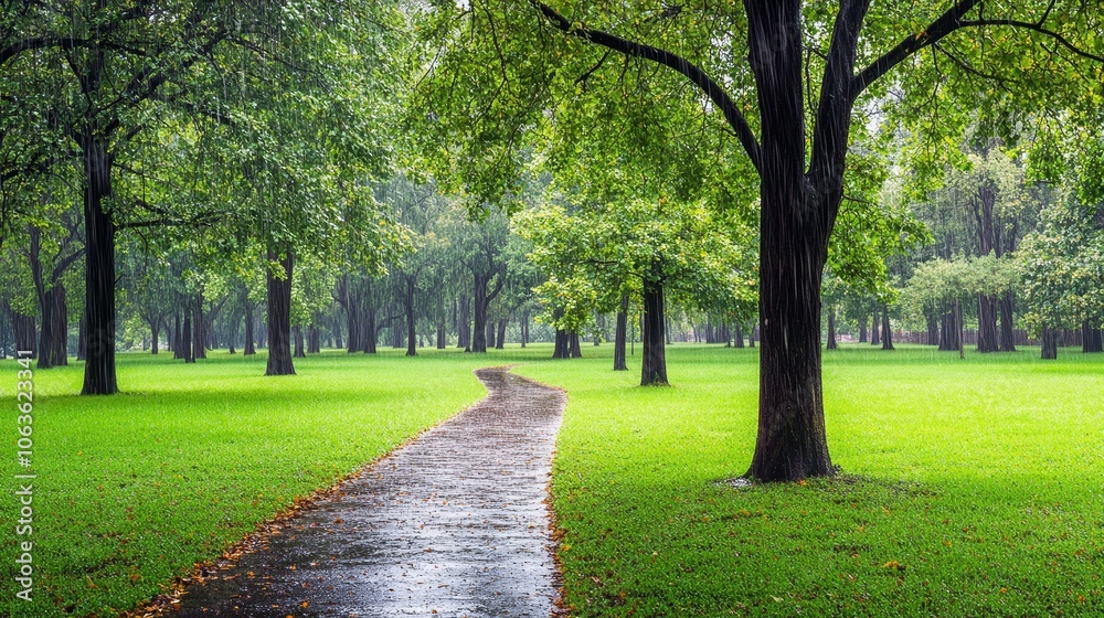 Obraz premium A serene park path winding through lush greenery under a cloudy sky.