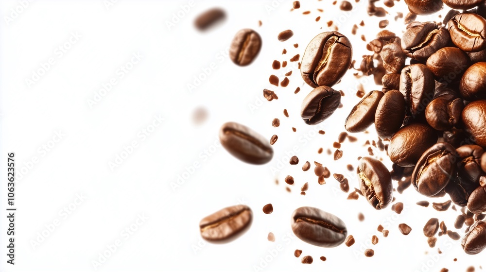 Floating coffee beans isolated on white background, showcasing rich texture and detail, perfect for coffee-related design and advertising concepts Floating coffee beans isolated on white background, showcasing rich texture and detail, perfect for coffee-related design and advertising concepts