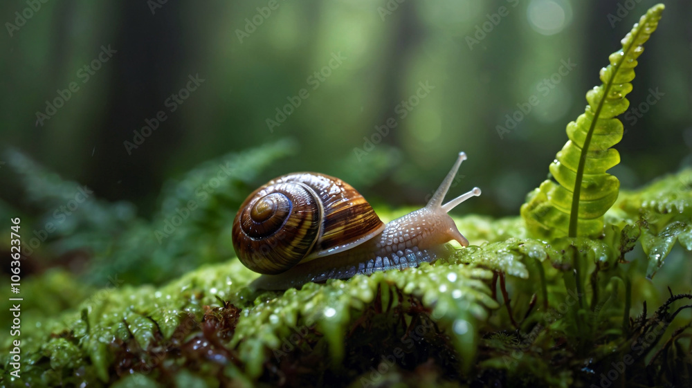 Close-up of a graceful snail gliding along a leaf with soft morning light creating a subtle rainbow effect amidst the green ferns Close-up of a graceful snail gliding along a leaf with soft morning light creating a subtle rainbow effect amidst the green ferns