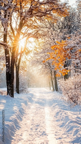 A serene winter landscape with sunlight filtering through snow-covered trees along a snowy path.