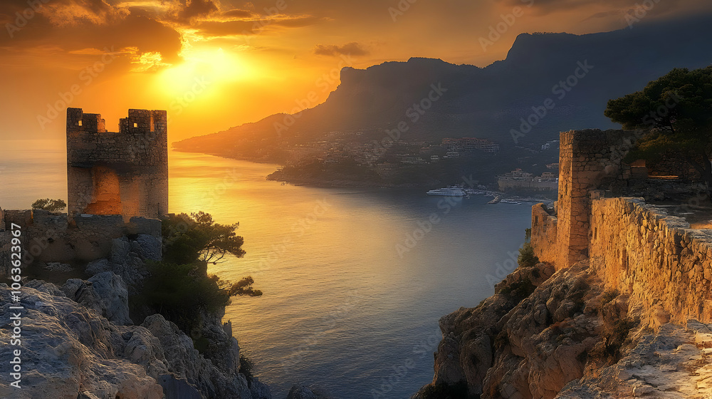 Obraz premium Golden Sunset Over Sea With Ruins