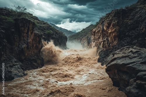 An intense muddy river crashes amid rugged canyon rocks under ominous clouds, capturing the primal essence and untamed spirit of the natural world. photo