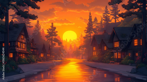 Sunset Village Illustration