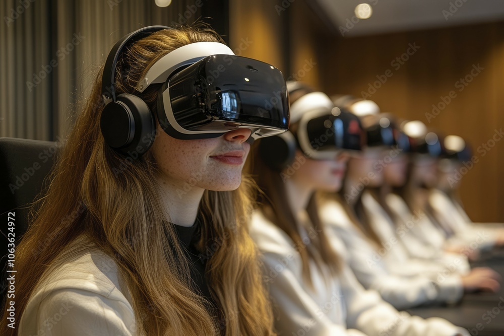 Young woman wearing a virtual reality headset and headphones, seated in a row of people in a conference room. Young woman wearing a virtual reality headset and headphones, seated in a row of people in a conference room.