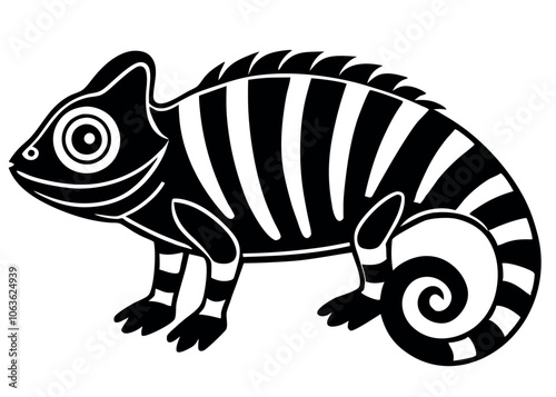 Stylized Black and White Chameleon Illustration With Bold Stripes on a Plain Background