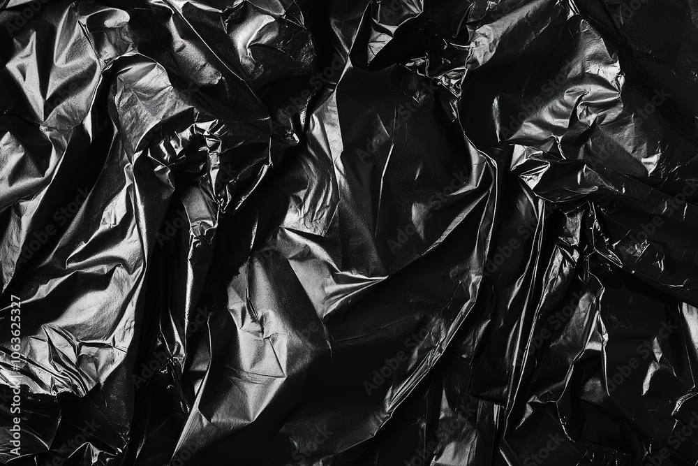 Black crumpled plastic bag texture, close-up, black background, high resolution Black crumpled plastic bag texture, close-up, black background, high resolution