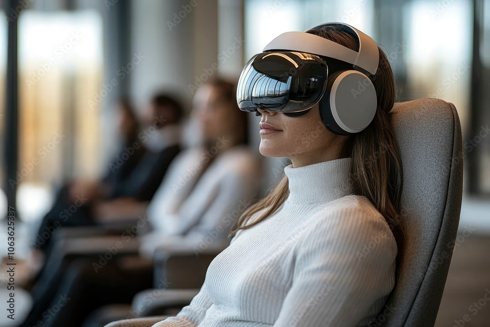 Woman Wearing VR Headset in a Modern Office Setting Woman Wearing VR Headset in a Modern Office Setting