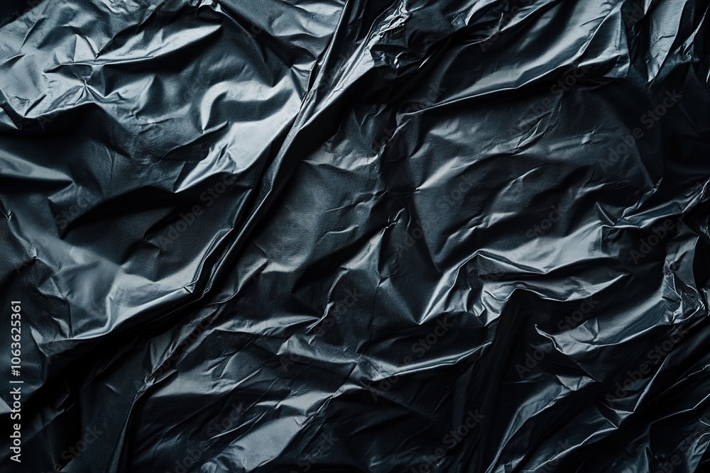 Black crumpled plastic bag texture, close-up, black background, high resolution