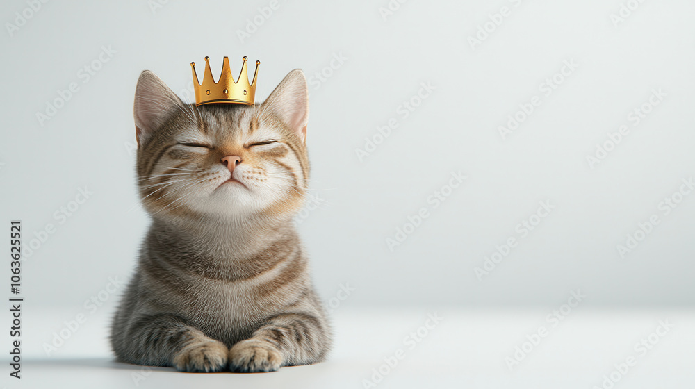 Obraz premium Tired cool cat with tiny crown, exuding regal charm and calm demeanor. This adorable feline showcases playful yet relaxed expression, perfect for cat lovers