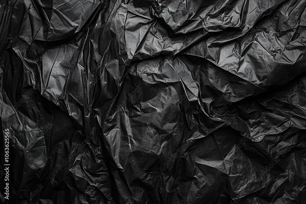 Black crumpled plastic bag texture, close-up, black background, high resolution