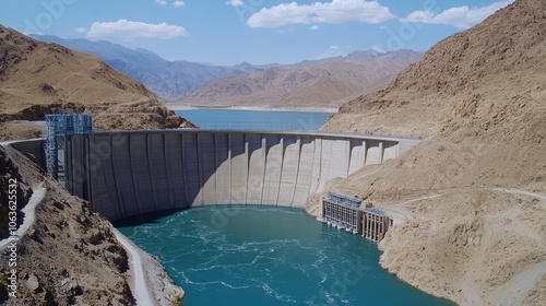 Aerial view of a large dam surrounded by mountains and a reservoir.