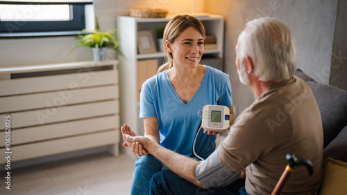 Foto Caring Nurse Checking Blood Pressure of Elderly Man at Home
