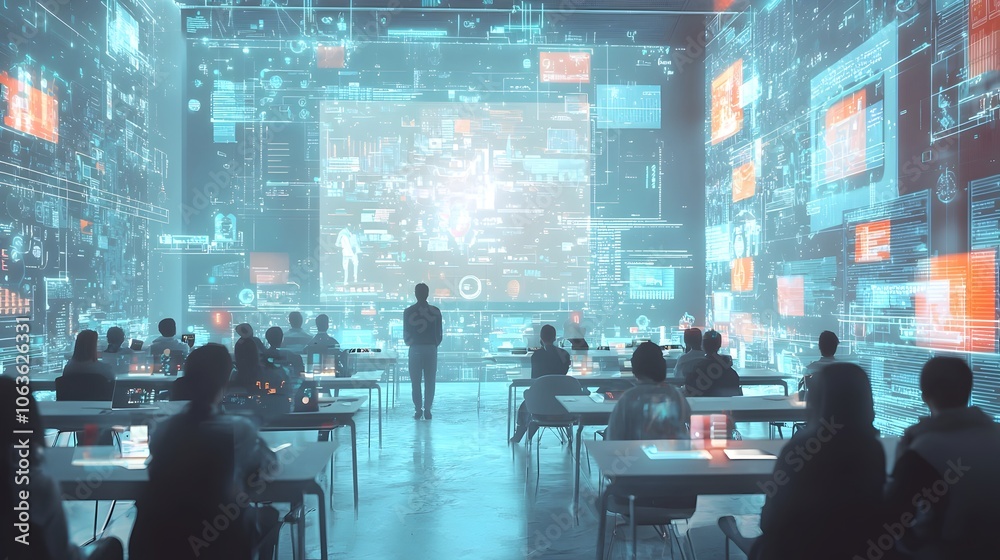 Dynamic Digital Classroom with Holographic Student and Teacher Interaction Symbolizing the Future of Virtual Education Dynamic Digital Classroom with Holographic Student and Teacher Interaction Symbolizing the Future of Virtual Education