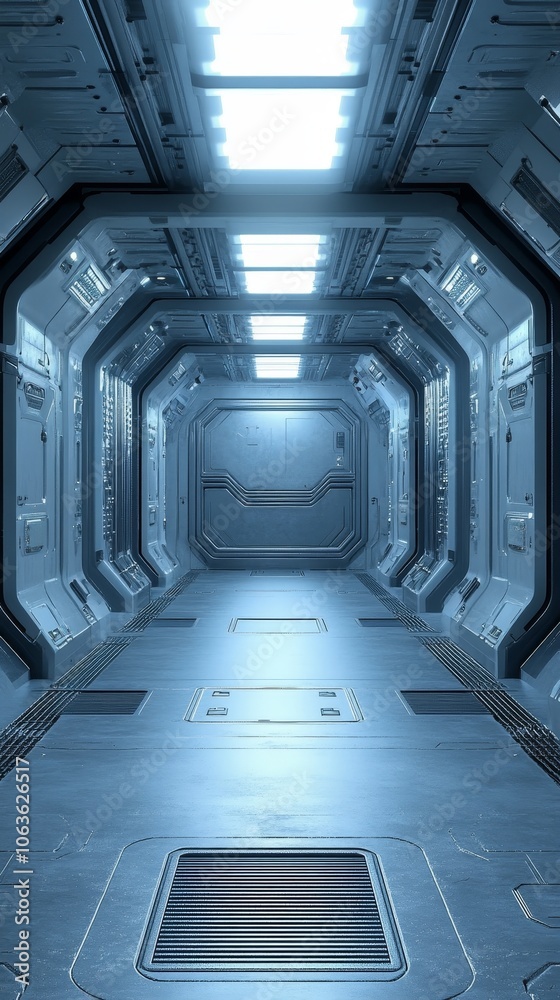 Obraz premium A futuristic, metallic corridor illuminated by bright lights, suggesting a sci-fi or space setting.