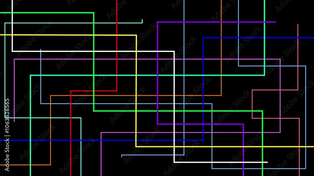 Geometric pattern of colorful intersecting lines growing on black background. 4K abstract animation. Geometric pattern of colorful intersecting lines growing on black background. 4K abstract animation.