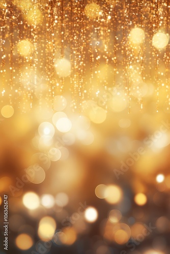 Vibrant bokeh effect of golden lights creating a soft, blurred background with silver, light and gold tones, festive and bright, vertical