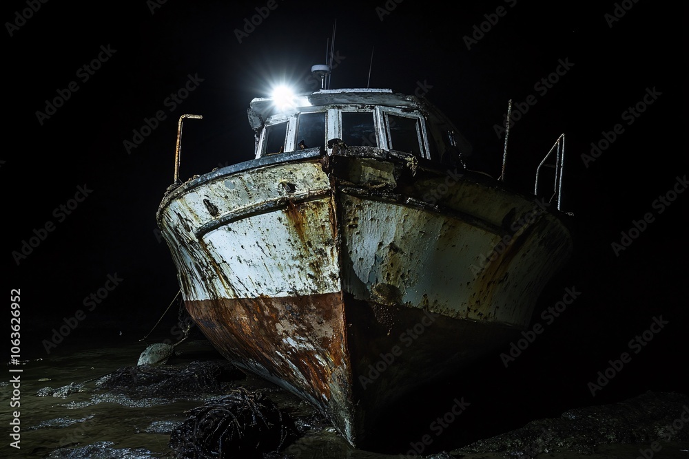 Abandoned Rusty Boat on Shore at Night Nautical Wreckage Photography Abandoned Rusty Boat on Shore at Night Nautical Wreckage Photography
