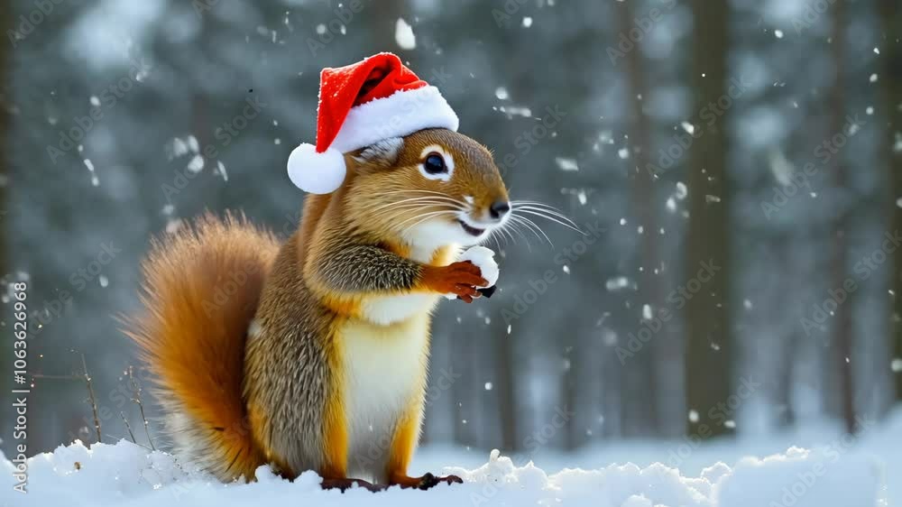 Playful squirrel wearing a red Christmas hat holding a nut in a snowy winter forest Playful squirrel wearing a red Christmas hat holding a nut in a snowy winter forest
