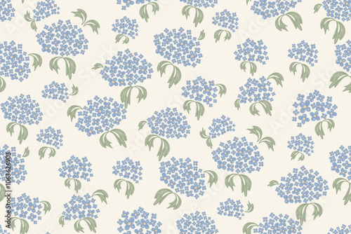 Vintage floral pattern wallpaper seamless minimal blue hydrangea flower watercolour style embroidery texture motifs vector illustration design hand drawn background border.
