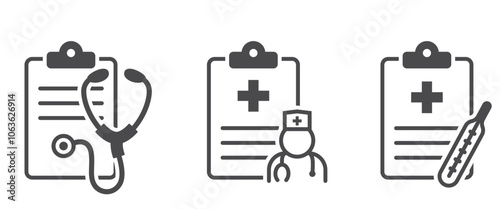 Patient report card line icons. Healthcare and medical history symbols. Isolated vector images in simple style