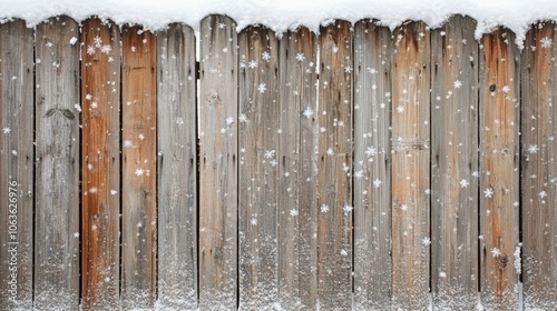 A wooden fence partially covered in snow, with snowflakes falling gently around it. photo