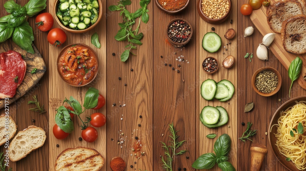 Rustic kitchen layout with fresh ingredients including tomatoes, cucumbers, bread, and spices on a wooden surface Rustic kitchen layout with fresh ingredients including tomatoes, cucumbers, bread, and spices on a wooden surface