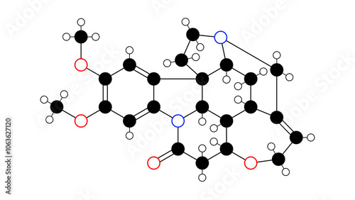 brucine molecule, structural chemical formula, ball-and-stick model, isolated image alkaloid photo