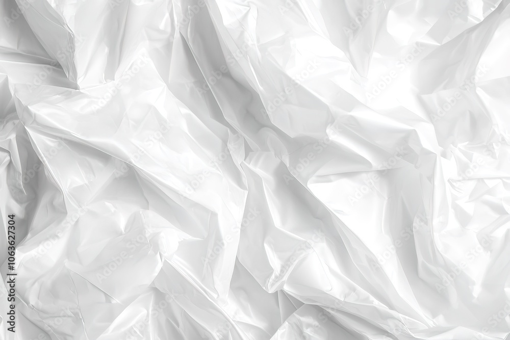 White plastic wrap texture background, top view close-up. White crumpled fabric or foil surface for design White plastic wrap texture background, top view close-up. White crumpled fabric or foil surface for design