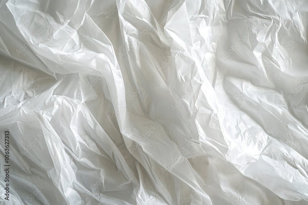 White plastic wrap texture background, top view close-up. White crumpled fabric or foil surface for design White plastic wrap texture background, top view close-up. White crumpled fabric or foil surface for design