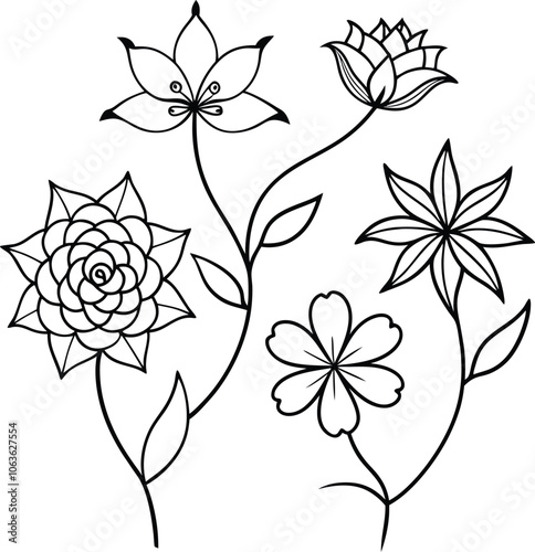 Set of single black one line drawing floral pattern concept. Continuous line draw design graphic vector