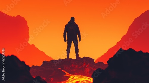 Adventurer Standing on the Edge of a Volcano