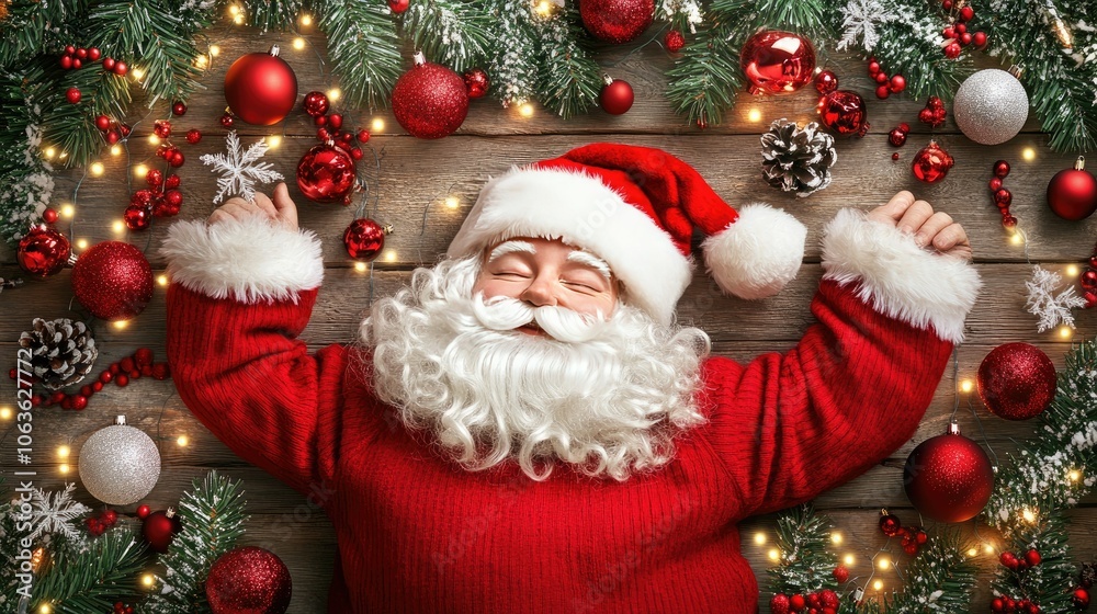 Santa ornament nestled among festive holiday decor, with warm holiday lighting and cozy Christmas tree decorations Santa ornament nestled among festive holiday decor, with warm holiday lighting and cozy Christmas tree decorations