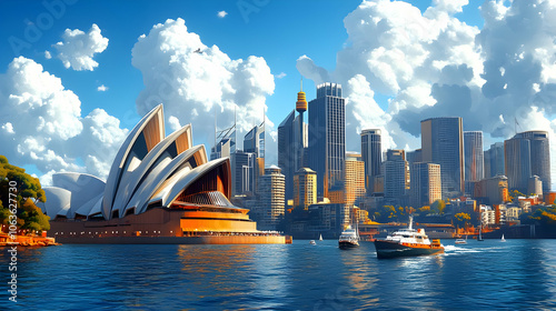 Modern City Skyline with Opera House Illustration