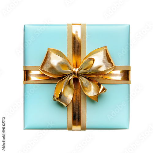 Light blue gift box with golden ribbon and bow isolated on transparent background, top view. PNG file.