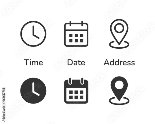 Date, time, and location address icon set vector illustration.