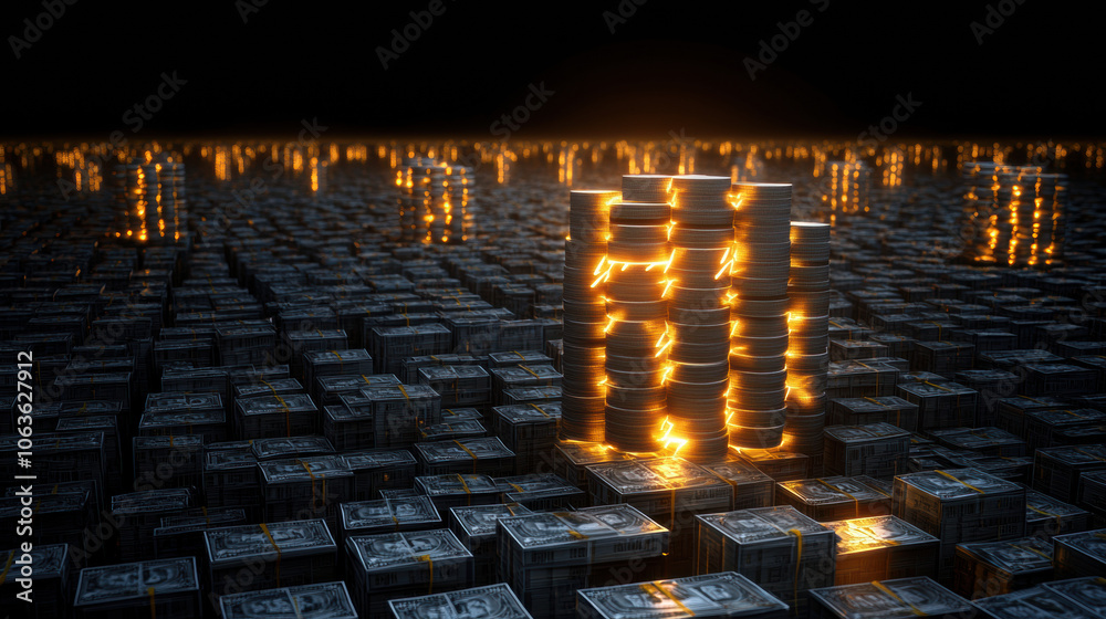 Fototapeta premium Stacks of money with glowing light, symbolizing wealth and investment trends